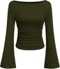 Camiseta Sexy de Color Puro con Escote Barco y Mangas de Campana para Mujer, Estilo Europeo y Americano, Otoño 2025, Corte Ajustado, Fruncido para un Aspecto Adelgazante, Manga Larga