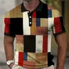 Camisa Polo Europeia e Americana Masculina Transfronteiriça Tendência com Estampa Digital 3D, Bloqueio de Cor Xadrez, Manga Curta, Colarinho Cuban