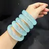 Pulsera de Jade Azul Cielo Transparente Natural Tonos Azul Claro Hielo-Húmedo Versión Ancha Forma Redonda Pulsera de Mujer Fresca Simple Elegante Estilo Chino Pulsera de Jade