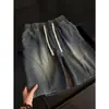 Shorts jeans lavados da moda estilo americano com cordão e cintura elástica para homens e mulheres, shorts vintage de verão soltos versáteis de comprimento até o joelho