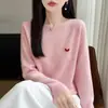Camiseta base 100% lã pura com gola redonda para mulheres, modelagem solta, top de tricô afina a silhueta, camada interna fina de manga longa com estampa de coração