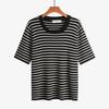 2025 Retro Talla Grande Gordo Verano Tejido de Punto Rayado Control Camiseta de Manga Corta para Mujer Suelta Cuello Redondo Pulóver Retro