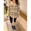 Camiseta de manga larga a rayas con cuello polo y bloques de color para mujer, corte holgado, casual, top versátil