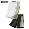 Camiseta sin mangas de seda de hielo para hombre, verano, fina, secado rápido, manga corta, pantalones cortos, conjunto de dos piezas de chaleco deportivo de secado rápido para fitness