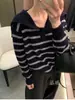 Suéter Juvenil de Lana 100% para Mujer, Estilo Nuevo Otoño/Invierno, Cuello Grande, Corte Holgado, Estilo Coreano, Rayado, Suéter Suave de Punto Cachemir