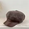 Boina de Oito Painéis Listrada para Mulheres, Outono/Inverno, Boné Plano Patchwork com Aba de Couro, Faz o Rosto Parecer Menor, Quente, Estilo Britânico, para Compras e Passeios