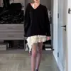 Suéter de punto de color liso retro estilo coreano de longitud media con cuello en V para mujer, abrigo de otoño e invierno, suéter de punto suave tipo perezoso