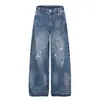 Jeans de Mezclilla Lavada Rasgada Estilo Americano para Hombre con Remache Único de Estrella de Cinco Puntas y Diseño de Pedrería, Pantalones Holgados de Pierna Ancha Tendencia