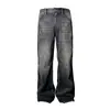Jeans Retro Americanos Azul Oscuro con Grietas de Rayos para Hombre y Mujer Pantalones Sueltos de Pierna Ancha Pantalones Rectos Lavados Micro-pantalones