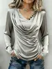 Colección de otoño 2026 nueva, transfronteriza, estilo europeo, americano y asiático: Camiseta de mujer de alta gama, satinada, con botones asimétricos, cuello con volantes, manga larga