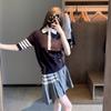 TB Mujer Verano Nuevo Polo de Punto con Solapa de Manga Corta Casual Combinable Flor Trasera Polo Falda Plisada de Cuatro Barras