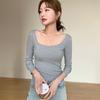 H869 Camiseta de Manga Larga con Cuello de U Grande Roscado para Mujer, Primavera, Ajustada, Ligera y Cálida, Simple, Casual, Camiseta Básica Nueva
