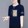 Camiseta de Manga Curta Estilo Chinês para Mulheres de Comércio Exterior Transfronteiriço, Top Estampado Novo Estilo Chinês Moderno e Elegante para Mulheres