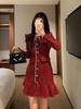 Vestido Rojo de Navidad Estilo Hepburn Francés Cuello de Muñeca Petite Juguetón y Animado Vestido de Brindis de Navidad Mini Falda de Compromiso