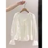 Blusa de Encaje Hueco con Cuello en V Otoño 2026 Camisa de Manga Larga con Volantes para Mujer