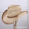 Chapéu de palha de papel trançado estilo cowboy western retrô americano, chapéu jazz vazado para homens e mulheres, chapéu cowboy versátil de proteção solar para o verão