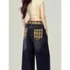 Jeans de Retazos a Cuadros Azul Gris para Mujer, Nuevo Estilo de Verano, Corte Holgado, Cintura Alta, Pierna Recta, Pantalones de Moda de Largo Completo