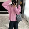 Caimento relaxado estilo coreano! Blusa de tricô macia e leve com design vazado e listras horizontais, uma blusa de lã solta e casual de manga longa para o outono