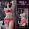 Top de tubo coreano de gasa a rayas traje de baño de dos piezas conjunto de bikini de tres piezas negro y rojo para aguas termales para mujer