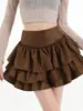 Falda escalonada marrón de cintura alta adelgazante para mujer, otoño 2026, falda corta abullonada adelgazante de cintura alta para chica popular A13487