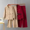 Traje de Moda con Cuello Polo Transfronterizo para Mujer Otoño e Invierno Nuevo Suéter con Cinturón Cárdigan Top Pantalones de Pierna Ancha de Cintura Alta Conjunto de Dos Piezas