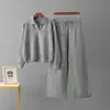 Conjunto de Lã Tricô Grosso Outono e Inverno Novo Europeu e Americano Transfronteiriço Suéter Feminino Gola Polo Solto Calça Wide Leg Conjunto Feminino de Duas Peças