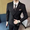 Traje de Lana Otoño e Invierno para Hombre de Doble Botonadura Traje Grueso Ni Zi Ajustado Estilo Británico Formal
