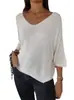 Tricô Feminino Personalizado Novo Europeu e Americano Transfronteiriço Gola V Grande Solto Manga 3/4 Curta Pulôver Top Cor Lisa Aparência Emagrecedora