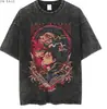 Tamanho Europeu Transfronteiriço Camiseta Masculina de Manga Curta Lavada Vintage Desenho Animado Anime Estilo Dark High Street Europeu e Americano Camiseta Curta Masculina