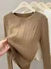 Suéter de punto trenzado con cuello redondo para mujer, nuevo estilo otoño e invierno, manga larga, corte ajustado, base de punto gris, camisa base de punto color albaricoque
