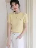 Camiseta de Punto Azul con Cuello Redondo y Mangas Cortas para Mujer, Nuevo Estilo Coreano de Verano, Suéter Dulce y Salado con Giro y Bordado de Caballito