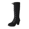 Botas de Equitação de Cano Alto com Salto Alto 2026, Cadarço de Camurça, Botas Femininas Redondas para Outono e Inverno com Salto Grosso, Tamanho 43, Sapatos de Exportação
