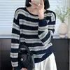 Suéter de punto a rayas de bloques de color de manga larga con cuello redondo para mujer, nuevo estilo otoño 2026, top suéter holgado casual estilo perezoso