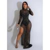 C6866 transfronterizo AliExpress Amazon moda europea y americana para mujer vestido de malla de color sólido con pedrería y abertura