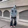 Abrigo Retro Old Denim Estilo Americano Pesado Oversize Marca de Moda Bolsillo con Puntadas Sudadera de Moda con Capucha