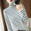 Suéter de otoño transfronterizo, nuevo estilo, bloques de color, rayas, cuello alto enrollado, sencillo, corte ajustado, rejuvenecedor, ropa interior para mujer