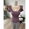 2026 Foto Real Temperamento Slim-fit Decote Cintura Marcada Senso de Design Malha Manga Curta Top Feminino Branco Tamanho Único Rosa Claro Emagrecimento