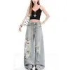 Jeans rasgados para mujer, corte holgado para cuerpo tipo pera, estilo de calle alto adelgazante para chicas a la moda, pantalones anchos acampanados petite de otoño desgastados