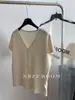 Camiseta de Manga Corta con Cuello en V y Textura Francesa de Algodón al 47% para Mujer, Suave y Amigable con la Piel, Estilo Pullover, Verano 2025