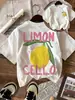 Camiseta casual de mujer con estampado de limón, cuello redondo, manga corta