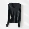 Camisa Básica de Tricô com Gola U e Manga Longa em Mistura de Lã e Seda para Mulheres, Top Versátil Confortável de Corte Justo, Camisa Básica de Lã