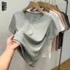 Nova camiseta de verão feminina estilo europeu e americano, justa, fina, canelada, de manga curta, top casual solto versátil