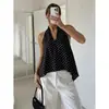 Nuevo modelo transfronterizo en AliExpress: Top original elegante para mujer con lunares, cuello en V, estilo halter con tiras para atar en la espalda
