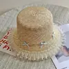 Sombrero de Paja Original con Decoración de Moño Azul para Mujer, Sombrilla de Verano con Adorno Dulce de Perlas y Encaje Tipo Cubo