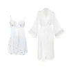 Comércio Exterior Conjunto de Duas Peças Roupão Patchwork de Tela Branca Vestido Camisola Sexy sem Costas Conjunto de Pijama Feminino 1259+8167