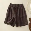 Tiro real 2026 Verano Pantalones Cortos Rectos para Mujer Finos Sueltos Casuales Cintura Elástica Algodón Lino Línea A Pierna Ancha Capris
