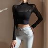 Venta al por mayor de camisetas deportivas sexis con tirantes, ropa de entrenamiento ajustada al ombligo, ropa de yoga de manga larga con almohadilla para el pecho, ropa de fitness