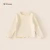 Camiseta Antibacteriana 10A Estilo Nuevo Primavera y Otoño para Niñas con Bordes Fruncidos, Camiseta Interior Simple de Manga Larga para Bebé, Capa Base para Niños Pequeños, Ropa Exterior para Niños