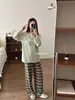 2602 # Conjunto de Pijama Informal de Algodón Puro a Rayas con Estampado de Perro, Moda Coreana para Mujer, Primavera Casual Holgado Cuello Redondo Color Sólido