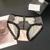Calzones de Malla de Cintura Baja con Encaje de Pestañas Sexy Puro Negro Calado Francés Diseño Nuevo 2025 para Mujer